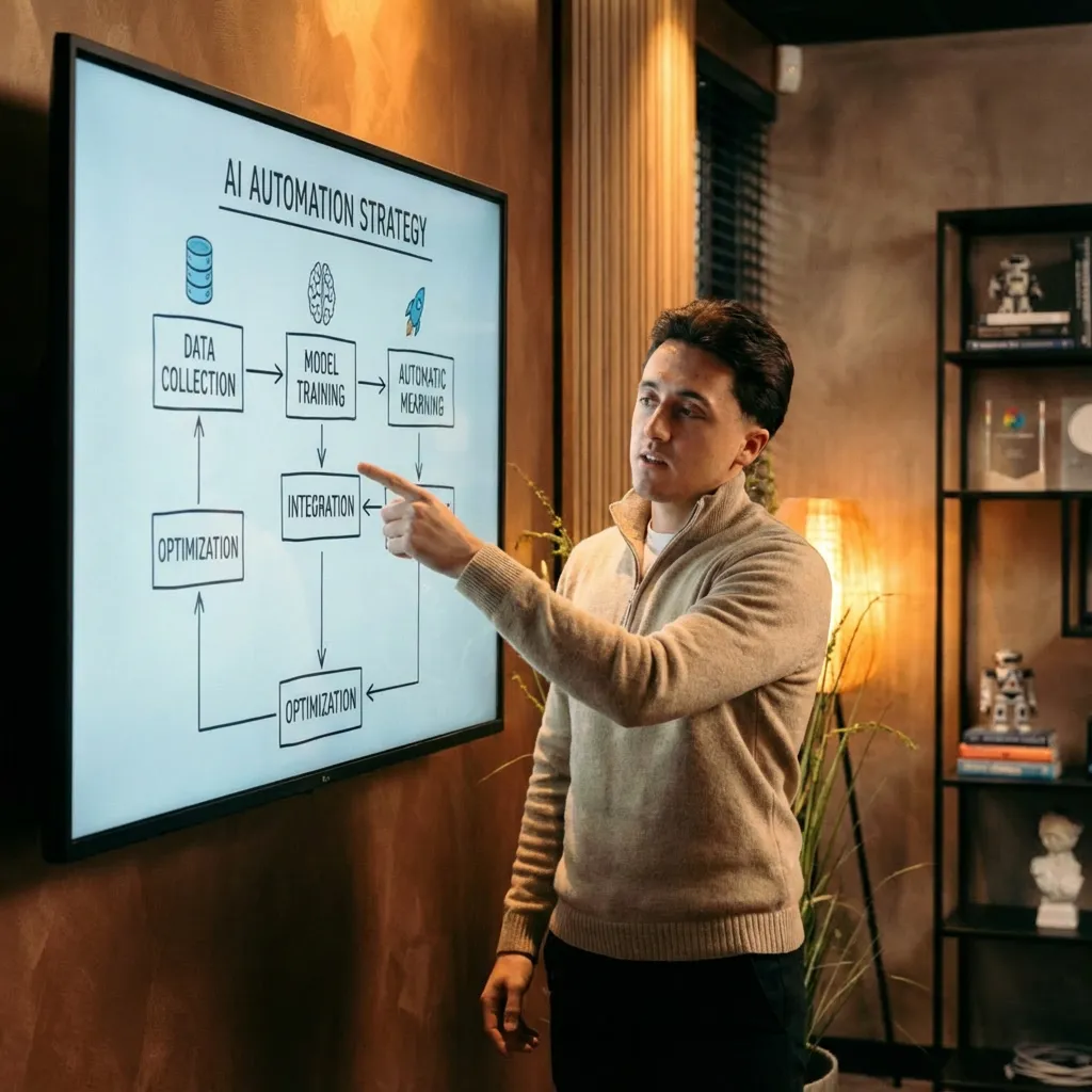 Sem wijst naar een AI Automation Strategy diagram op een groot scherm