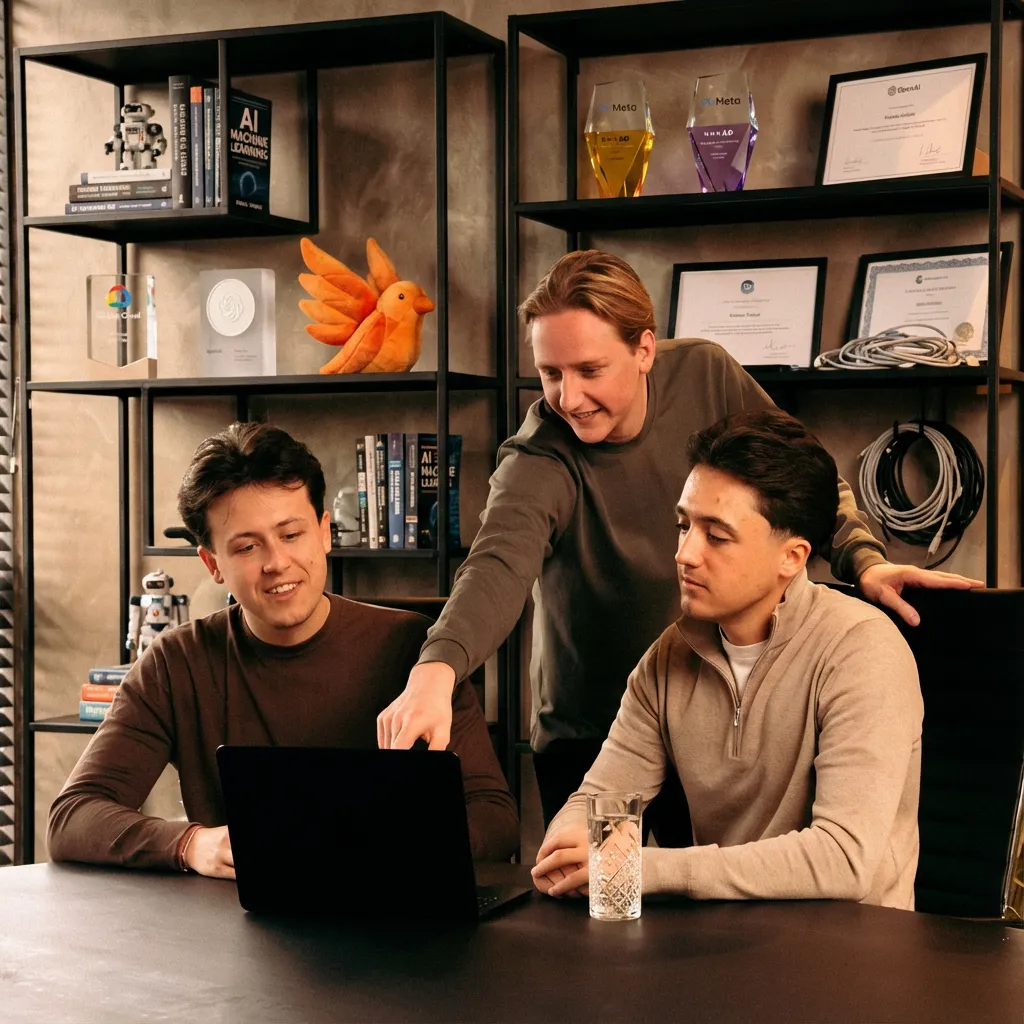 Loy, Floris en Sem werken samen achter een laptop aan een tafel